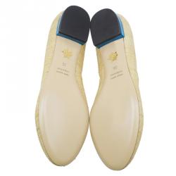 Pre Owned Charlotte Olympia Beige and Blue Raffia Kitty Flats Size 39
