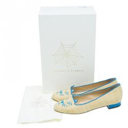 Pre Owned Charlotte Olympia Beige and Blue Raffia Kitty Flats Size 39