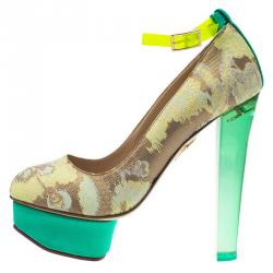 مملوكة مسبقًا Charlotte Olympia X Matthew Williamson Tri Color Brocade and PVC Ankle Strap Platform Pumps Size 36
