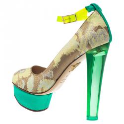 مملوكة مسبقًا Charlotte Olympia X Matthew Williamson Tri Color Brocade and PVC Ankle Strap Platform Pumps Size 36