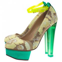 مملوكة مسبقًا Charlotte Olympia X Matthew Williamson Tri Color Brocade and PVC Ankle Strap Platform Pumps Size 36