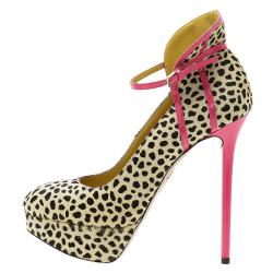 Pre Owned Charlotte Olympia Leopard Pony Hair Lucille Ankle Strap Platform Pumps Size 38.5