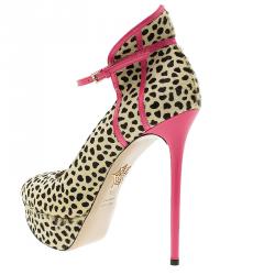 Pre Owned Charlotte Olympia Leopard Pony Hair Lucille Ankle Strap Platform Pumps Size 38.5