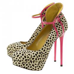 Pre Owned Charlotte Olympia Leopard Pony Hair Lucille Ankle Strap Platform Pumps Size 38.5