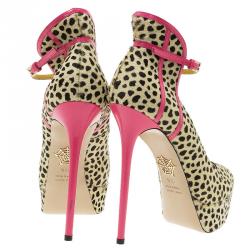 Pre Owned Charlotte Olympia Leopard Pony Hair Lucille Ankle Strap Platform Pumps Size 38.5