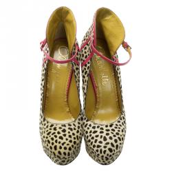Pre Owned Charlotte Olympia Leopard Pony Hair Lucille Ankle Strap Platform Pumps Size 38.5