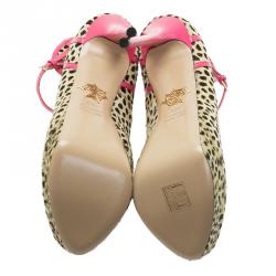Charlotte Olympia Leopard Pony Hair Lucille Ankle Strap Platform Pumps Size 38.5