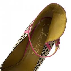 Pre Owned Charlotte Olympia Leopard Pony Hair Lucille Ankle Strap Platform Pumps Size 38.5