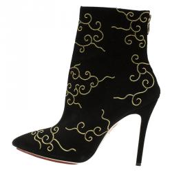مملوكة مسبقًا Charlotte Olympia Black Embroidered Suede Betsy Ankle Boots Size 40 