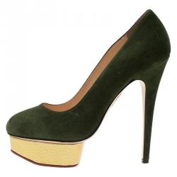 Pre Owned Charlotte Olympia Green Suede Dolly Platform Pumps Size 40