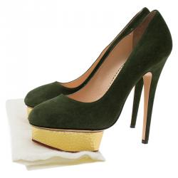 Pre Owned Charlotte Olympia Green Suede Dolly Platform Pumps Size 40