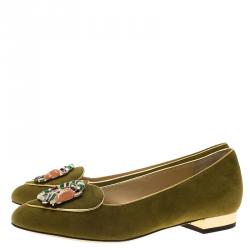 Pre Owned Charlotte Olympia Green Suede Capricorn Smoking Slippers Size 38