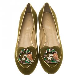 Pre Owned Charlotte Olympia Green Suede Capricorn Smoking Slippers Size 38