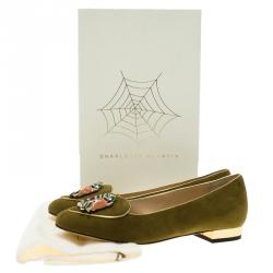 Pre Owned Charlotte Olympia Green Suede Capricorn Smoking Slippers Size 38