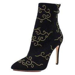 Pre Owned Charlotte Olympia Black Embroidered Suede Betsy Ankle Boots Size 38.5