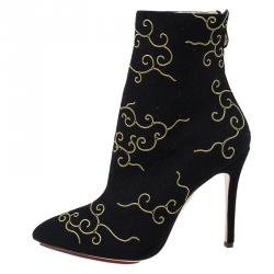 Pre Owned Charlotte Olympia Black Embroidered Suede Betsy Ankle Boots Size 38.5