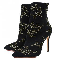 Pre Owned Charlotte Olympia Black Embroidered Suede Betsy Ankle Boots Size 38.5