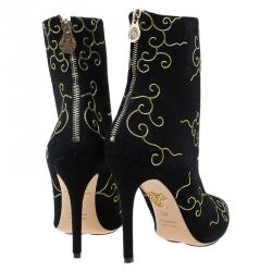 Pre Owned Charlotte Olympia Black Embroidered Suede Betsy Ankle Boots Size 38.5