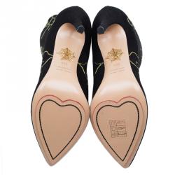 Pre Owned Charlotte Olympia Black Embroidered Suede Betsy Ankle Boots Size 38.5