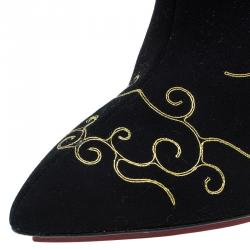 Pre Owned Charlotte Olympia Black Embroidered Suede Betsy Ankle Boots Size 38.5