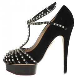 Pre Owned Charlotte Olympia Black Studded Suede Angry Portia Ankle Strap Platform Pumps Size 41