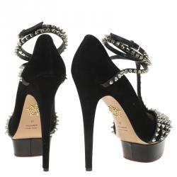 Pre Owned Charlotte Olympia Black Studded Suede Angry Portia Ankle Strap Platform Pumps Size 41