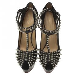 Pre Owned Charlotte Olympia Black Studded Suede Angry Portia Ankle Strap Platform Pumps Size 41