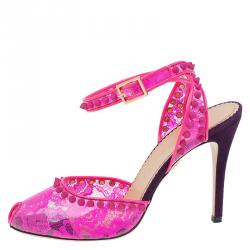 Charlotte Olympia Pink Lace Print PVC Soho Studded Ankle Strap Sandals Size 40
