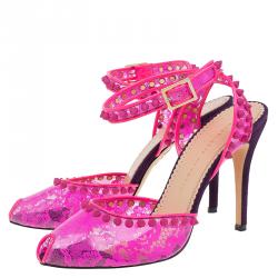 Charlotte Olympia Pink Lace Print PVC Soho Studded Ankle Strap Sandals Size 40