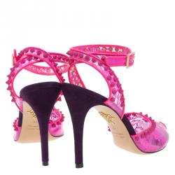 Charlotte Olympia Pink Lace Print PVC Soho Studded Ankle Strap Sandals Size 40