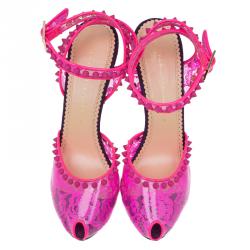 Charlotte Olympia Pink Lace Print PVC Soho Studded Ankle Strap Sandals Size 40
