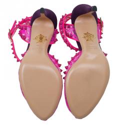 Charlotte Olympia Pink Lace Print PVC Soho Studded Ankle Strap Sandals Size 40