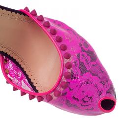 Charlotte Olympia Pink Lace Print PVC Soho Studded Ankle Strap Sandals Size 40