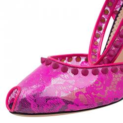 Charlotte Olympia Pink Lace Print PVC Soho Studded Ankle Strap Sandals Size 40