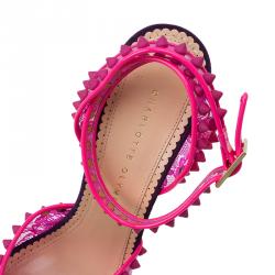 Charlotte Olympia Pink Lace Print PVC Soho Studded Ankle Strap Sandals Size 40