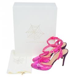Charlotte Olympia Pink Lace Print PVC Soho Studded Ankle Strap Sandals Size 40