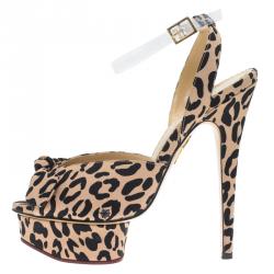 Charlotte Olympia Beige Leopard Print Satin Serena Bow Ankle Strap Platform Sandals Size 38