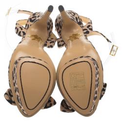 Charlotte Olympia Beige Leopard Print Satin Serena Bow Ankle Strap Platform Sandals Size 38