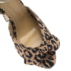 Charlotte Olympia Beige Leopard Print Satin Serena Bow Ankle Strap Platform Sandals Size 38