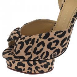 Charlotte Olympia Beige Leopard Print Satin Serena Bow Ankle Strap Platform Sandals Size 38