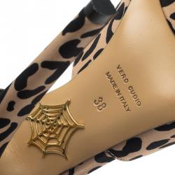 Charlotte Olympia Beige Leopard Print Satin Serena Bow Ankle Strap Platform Sandals Size 38