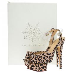 Charlotte Olympia Beige Leopard Print Satin Serena Bow Ankle Strap Platform Sandals Size 38