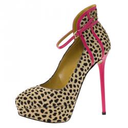 Pre Owned Charlotte Olympia Leopard Pony Hair Lucille Ankle Strap Platform Pumps Size 37
