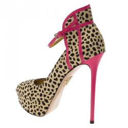 Pre Owned Charlotte Olympia Leopard Pony Hair Lucille Ankle Strap Platform Pumps Size 37