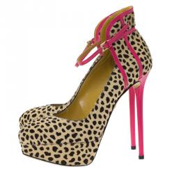 Pre Owned Charlotte Olympia Leopard Pony Hair Lucille Ankle Strap Platform Pumps Size 37