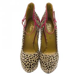 Pre Owned Charlotte Olympia Leopard Pony Hair Lucille Ankle Strap Platform Pumps Size 37