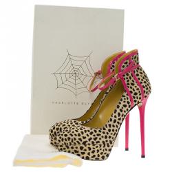 Pre Owned Charlotte Olympia Leopard Pony Hair Lucille Ankle Strap Platform Pumps Size 37