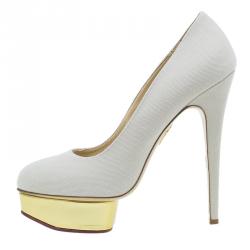 Pre Owned Charlotte Olympia Cream Canvas Dolly Platform Pumps Size 42