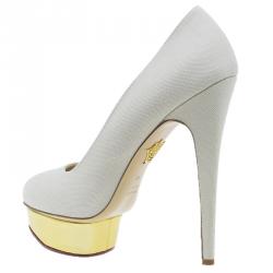 Pre Owned Charlotte Olympia Cream Canvas Dolly Platform Pumps Size 42
