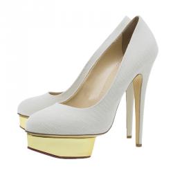 Pre Owned Charlotte Olympia Cream Canvas Dolly Platform Pumps Size 42